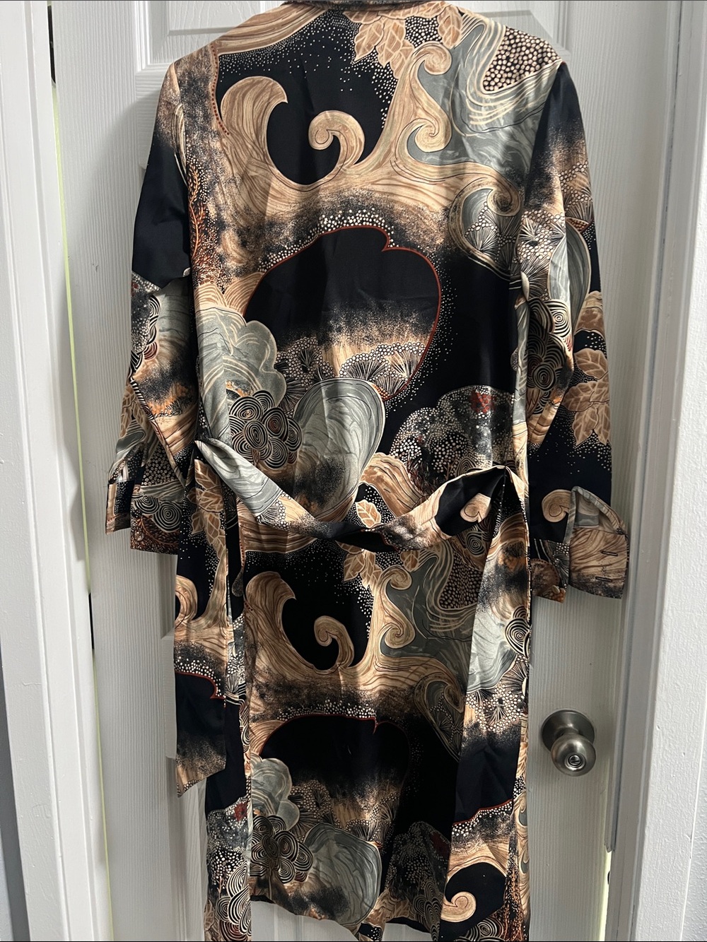 Vintage 1970s Lanvin Paris Ukiyo-e Landscape Print Dress Dagger Collar Medium